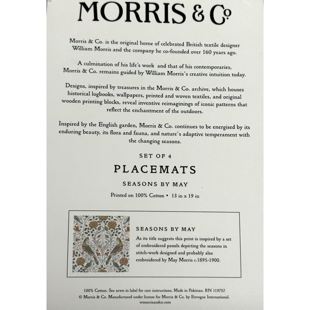 William Morris & Co Placemats Seasons by May 100% Cotton Fabric 13x19 Set 4 Fall - Picture 4 of 11